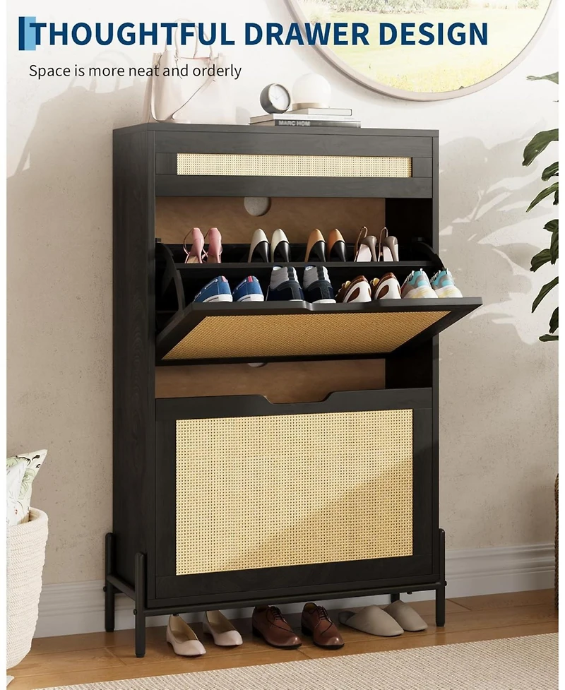 gaomon Farmhouse Rattan Shoe Cabinet 3-Tier Slim Wooden Shoe Rack with 3 Drawers and Adjustable Shelves