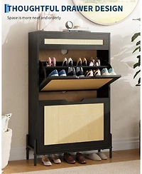 gaomon Farmhouse Rattan Shoe Cabinet 3-Tier Slim Wooden Shoe Rack with 3 Drawers and Adjustable Shelves