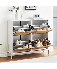 gaomon Rattan Shoe Cabinet Narrow Organizer with 4 Flip Drawers Freestanding Shoe Rack with Metal Legs Entryway