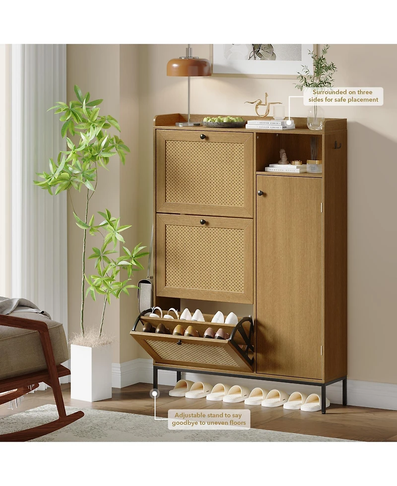 gaomon Rattan Shoe Storage Cabinet with 3 Flip Drawers, Freestanding Organizer with Adjustable Shelves for Entryway