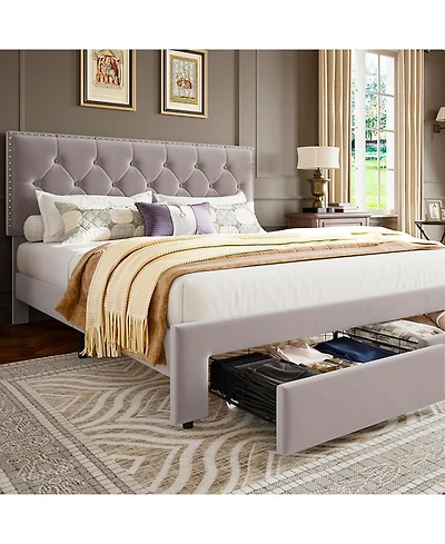 gaomon Bed Frame with 2 Drawers Vintage Velvet Upholstered Platform Wood Slats No Box Spring Beige