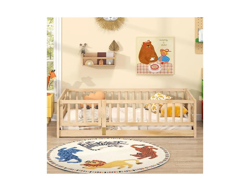 Slickblue Kids Twin Floor Bed with Safety Fence and Playhouse Door - 41