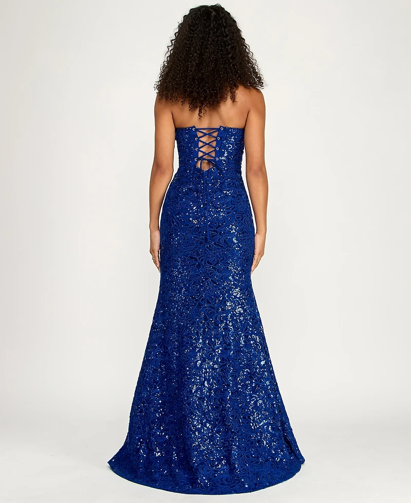 Emerald Sundae Junior's Floral Sequin Lace-Up Corset Gown