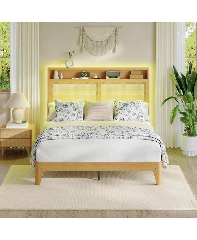 gaomon Rattan Bed Frame with Rgb Led Lights, Boho Style, Storage Headboard & Charging Station