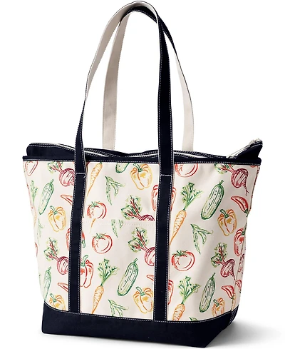 Lands' End Extra Large Print 5 Pocket Zip Top Long Handle Canvas Tote Bag