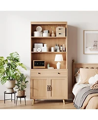 gaomon Tall Bookshelf with Storage Cabinet, Wood Bookcase with 4 Doors and 2 Drawer & Open Shelves, Freestanding Display Bookshelves for Home Office