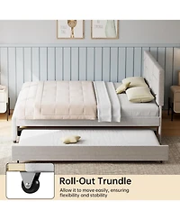 gaomon Trundle Bed Combo with Pull-Out Platform, Upholstered Frame with Headboard, Wood Slat Support, Space-Saving