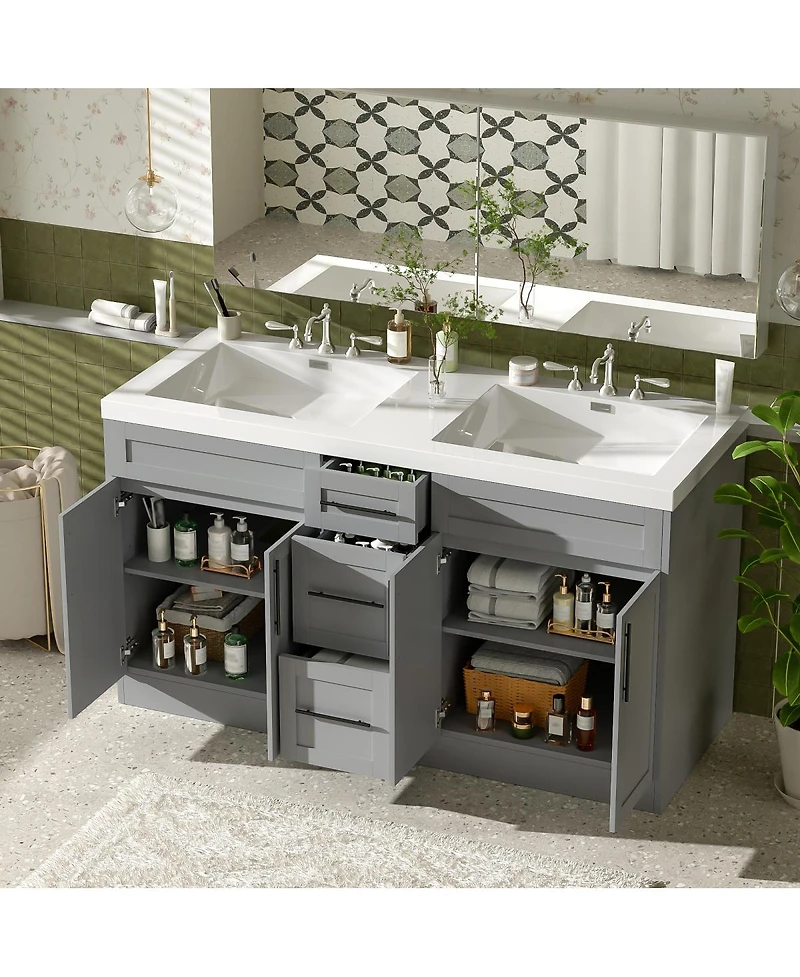 Sillysis Double Sink Bathroom Vanity with Smc Integrated Basin, Soft Close Drawers & Adjustable Shelf for Large Bathrooms