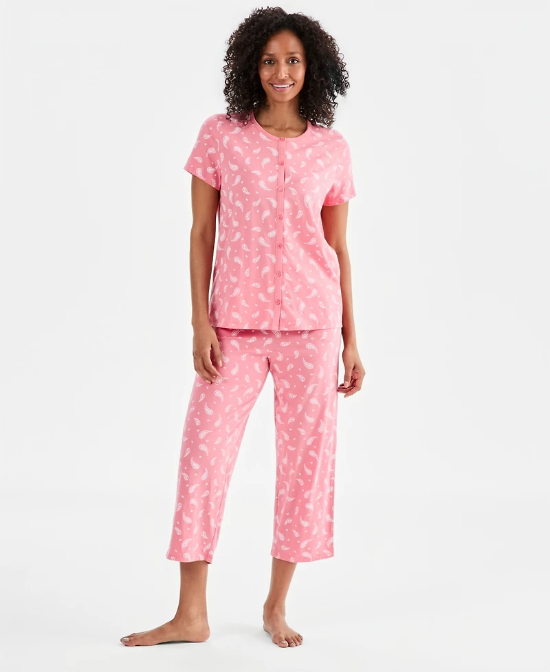 Charter Club Women's 2-Pc. Cotton Printed Cropped Pajamas Set