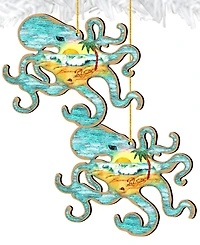 Designocracy Octopus Wooden Ornaments, Set of 2