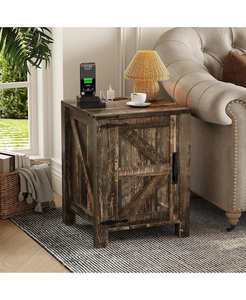Gaomon Bedside Table with Usb Charging Station – 18" Rustic End Table with Sliding Barn Door, Adjustable Shelf, Two-Tier Storage –