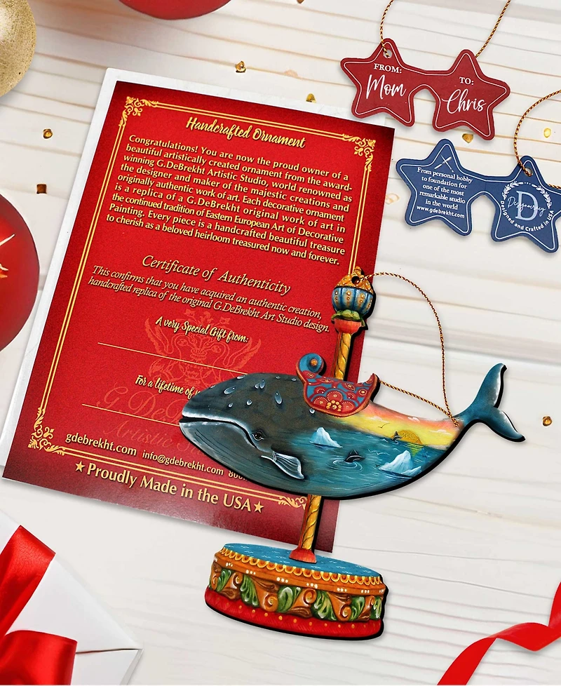 Designocracy Carousel Whale Christmas Wooden Ornament, Set of 2