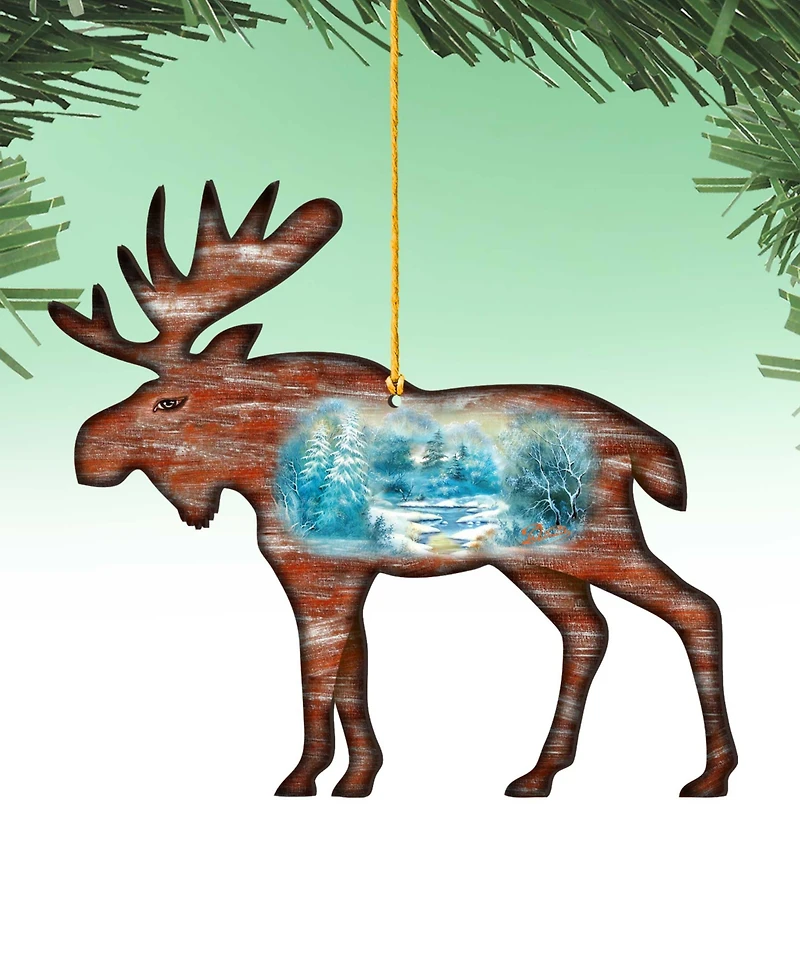Designocracy Woodsy Moose Scenic Wooden Christmas Ornament Set of 2
