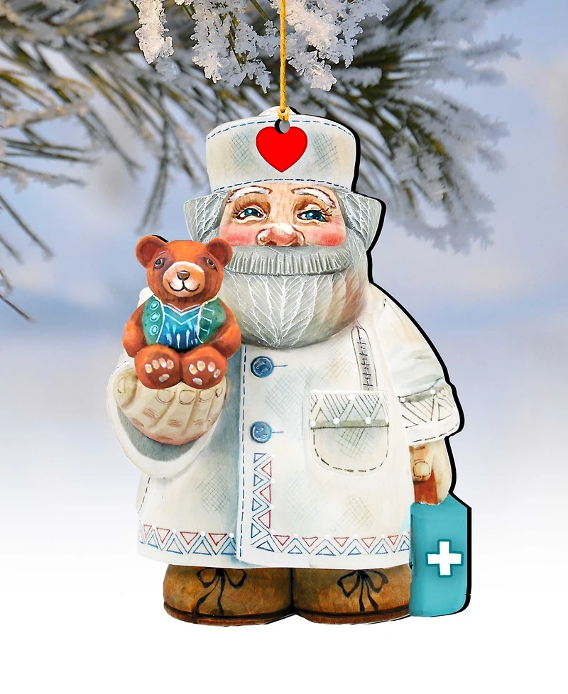 Designocracy Teddy Bear Doctor Wooden Christmas Ornament, Set of 2