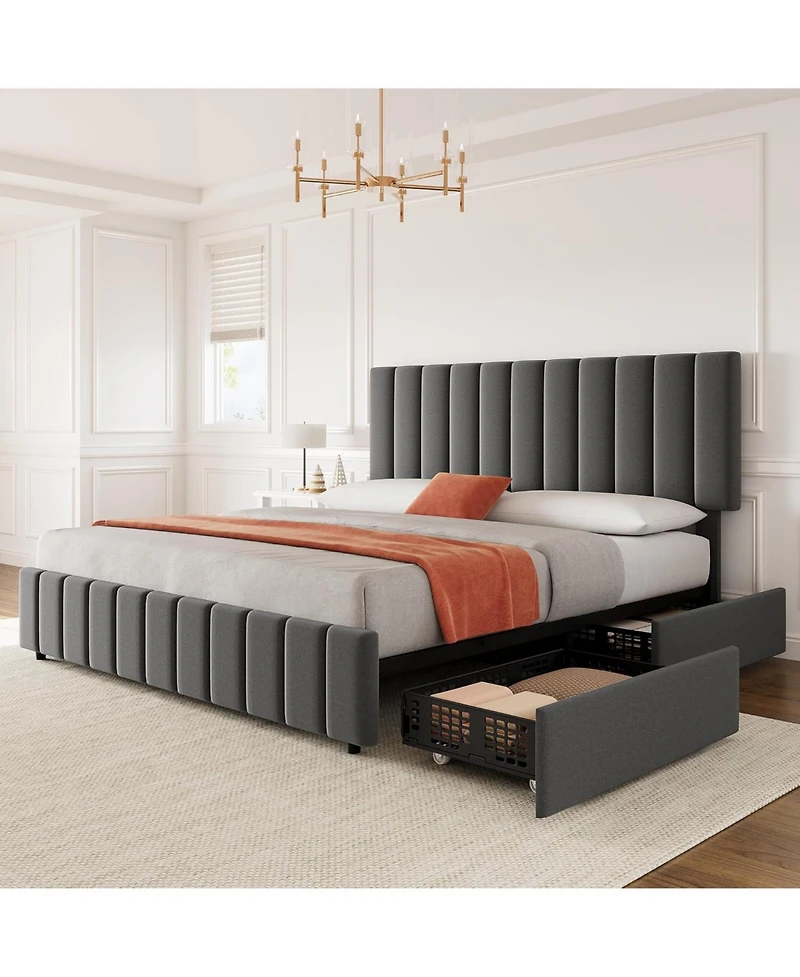 gaomon Full Upholstered Bed Frame 4 Drawers Adjustable Headboard Wood Slats No Box Spring Grey