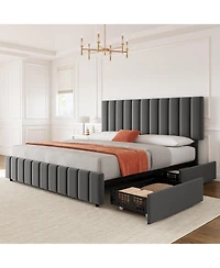 gaomon Full Upholstered Bed Frame 4 Drawers Adjustable Headboard Wood Slats No Box Spring Grey