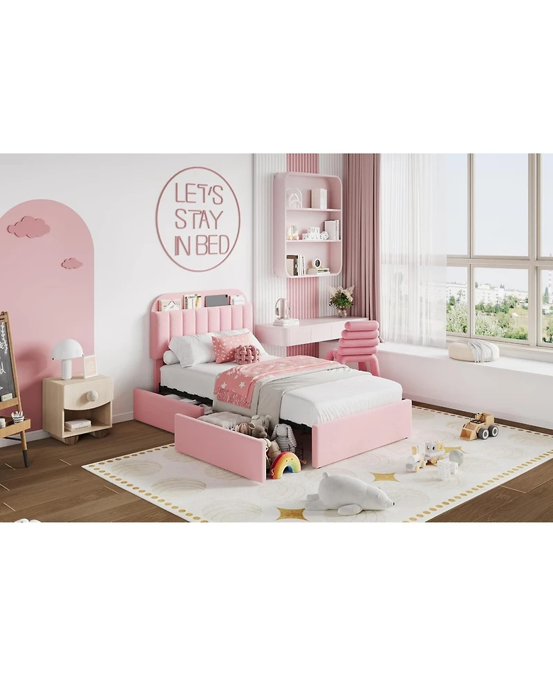 gaomon Twin Bed Frame Storage Headboard 2 Drawers Kids Upholstered Platform Bookcase Wood Slats No Box Spring