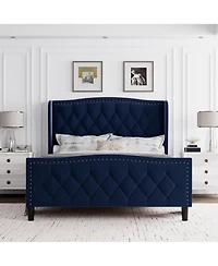 gaomon Full Size Velvet Wingback Platform Bed Frame Upholstered Headboard, No Box Spring Needed