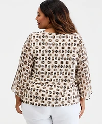 Jm Collection Plus Aria Tile Chiffon-Sleeve Gathered Neck Top, Macy's Exclusive