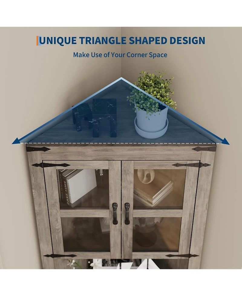 gaomon Tall Corner Cabinet Glass Door Adjustable Shelves Washed Grey for Kitchen and Bathroom