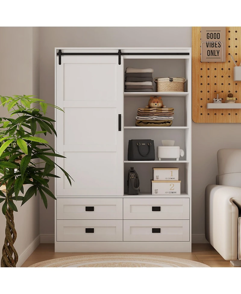 flynama Tall Bedroom Armoire Wardrobe Closet Clothing Storage Cabinet with Hanging Rod Barn Door Drawers and Open Shelves