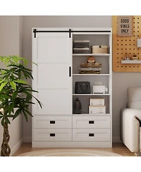 flynama Tall Bedroom Armoire Wardrobe Closet Clothing Storage Cabinet with Hanging Rod Barn Door Drawers and Open Shelves