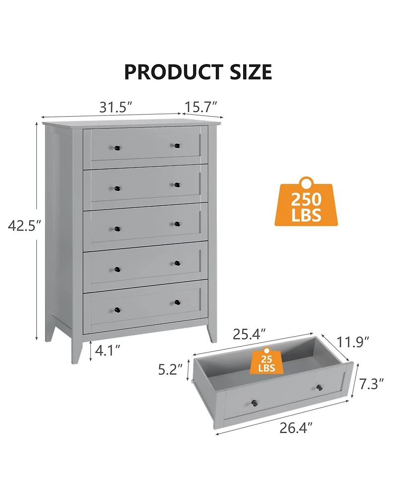 gaomon 5 Drawer Modern Tall Nightstand, Deep Drawers, Nickel Round Handle, Chest Organizer for Bedroom