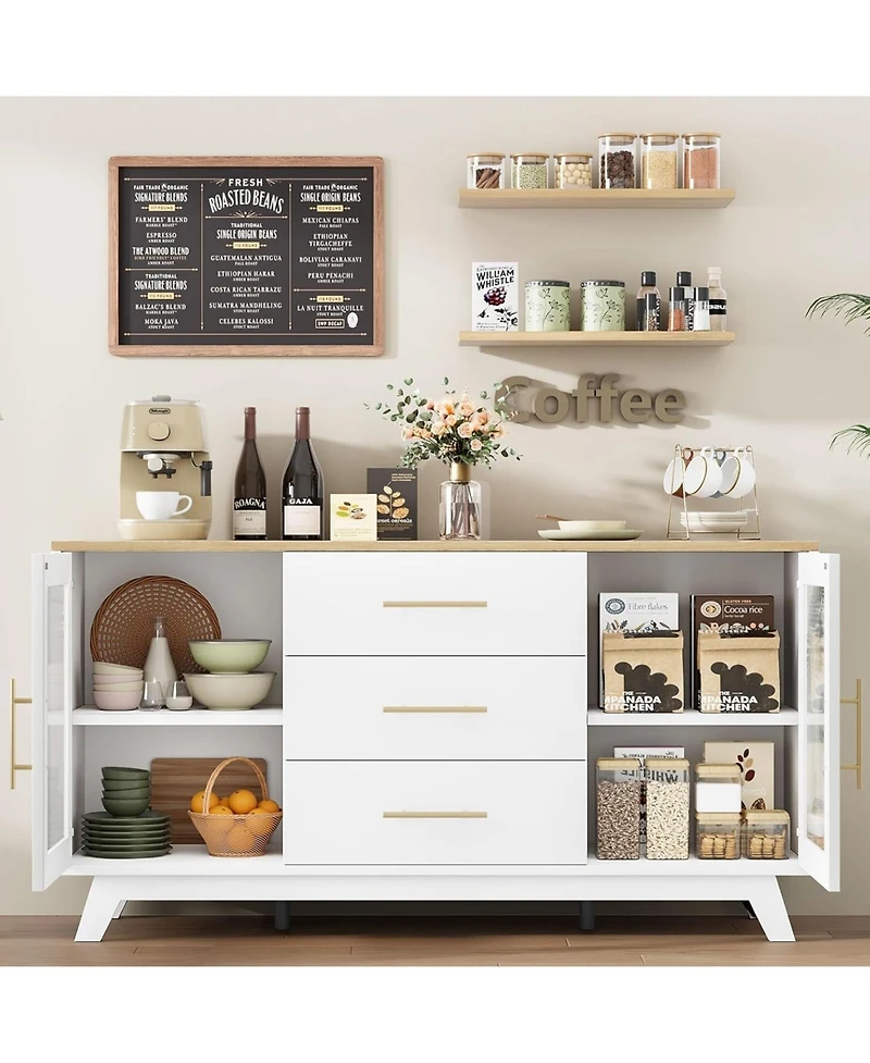 gaomon 56 Inch Modern Sideboard Buffet Cabinet with 3 Drawers Adjustable Shelves and Fluted Glass Doors in Wood Top