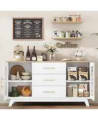 gaomon 56 Inch Modern Sideboard Buffet Cabinet with 3 Drawers Adjustable Shelves and Fluted Glass Doors in Wood Top