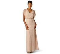 Adrianna Papell Women's Bead Blouson V-Neck Long Dress