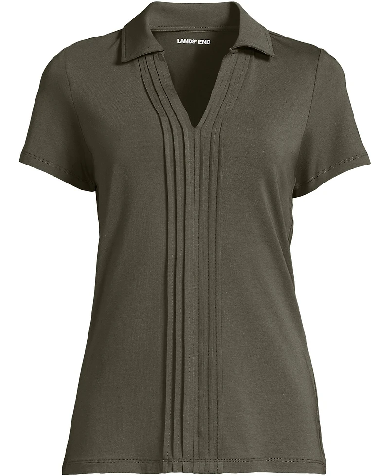 Lands' End Women's Plus Short Sleeve Lightweight Jersey Pintuck Open Collar Polo