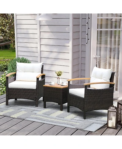 3PCS Patio Rattan Furniture Set Wooden Armrest Table Top Cushioned