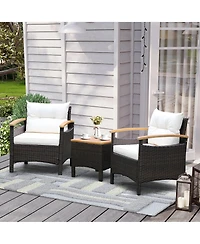 3PCS Patio Rattan Furniture Set Wooden Armrest Table Top Cushioned