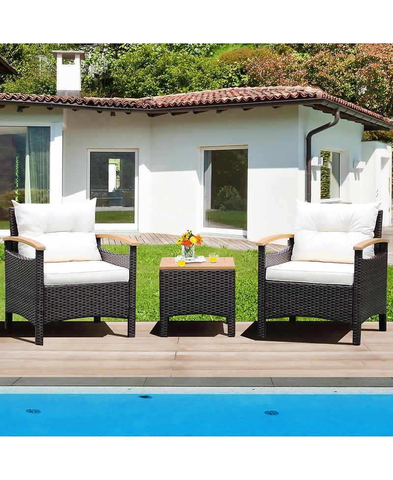 3PCS Patio Rattan Furniture Set Wooden Armrest Table Top Cushioned