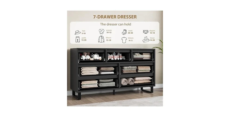gaomon 7 Dresser for Bedroom, Wide Dresser, Freestanding Horizontal Drawer with Storage
