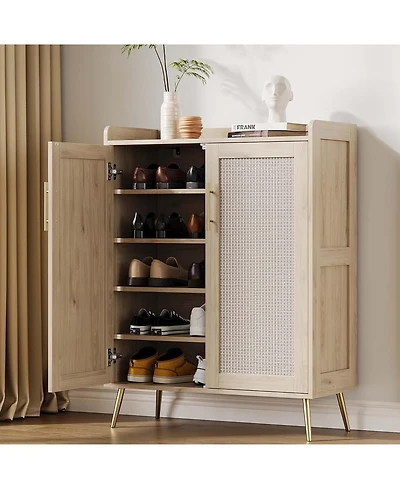 gaomon Rattan Shoe Cabinet, 5-Tier Shoe Storage Cabinet with Doors, Adjustable Shelves and Metal Legs, Beige