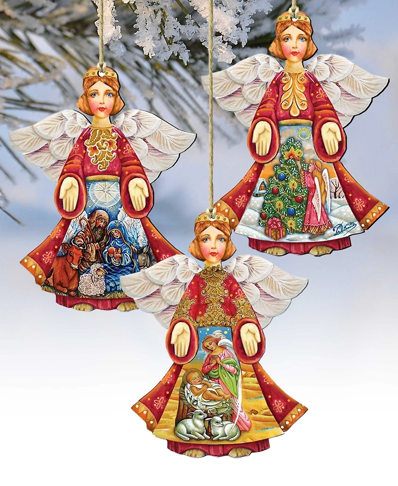 Designocracy Guardian Angel Wood Ornament, Set of 3