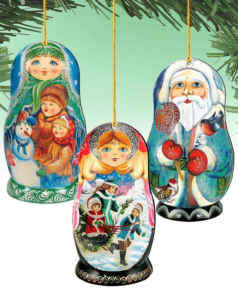 Designocracy Winter Play Dolls Wooden Ornaments, Set of 3