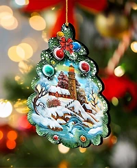 Designocracy Light House Tree Wooden Christmas Ornament Set of 2