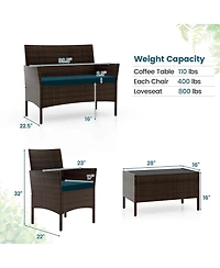 Costway 4 Pc. Patio Furniture Set with Washable Cushions and Tempered Glass Coffee Table