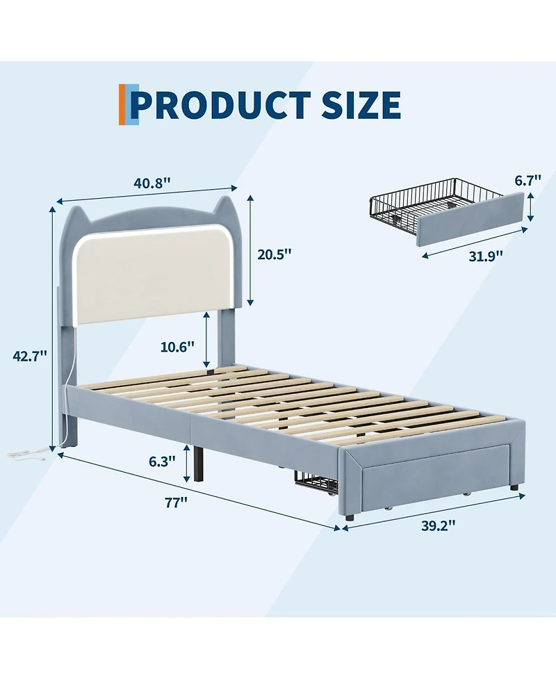 gaomon Bed Frame with Cat Headboard, Twin Platform Grb Led Lights, Storage Drawer & Strong Wood Slats Support