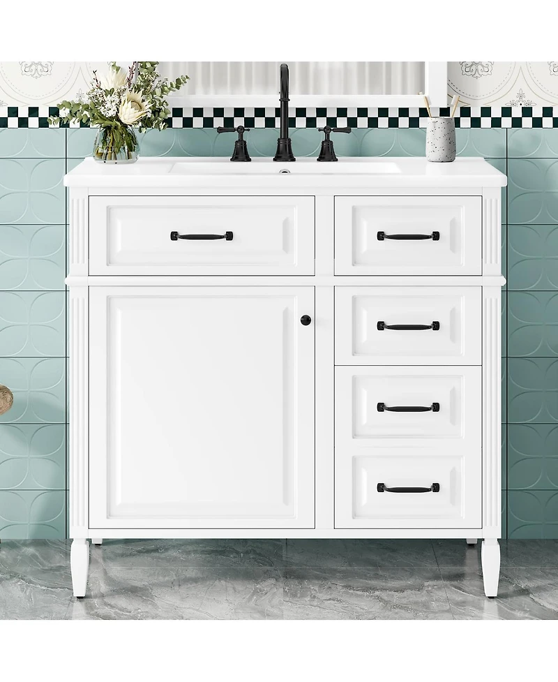 Sillysis Freestanding Bathroom Vanity with Ceramic Sink, Flip Drawers & Adjustable Shelf, Modern Storage Cabinet