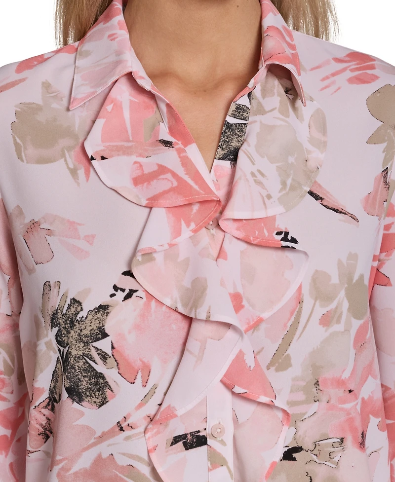 Calvin Klein Petite Floral-Print Long-Sleeve Blouse