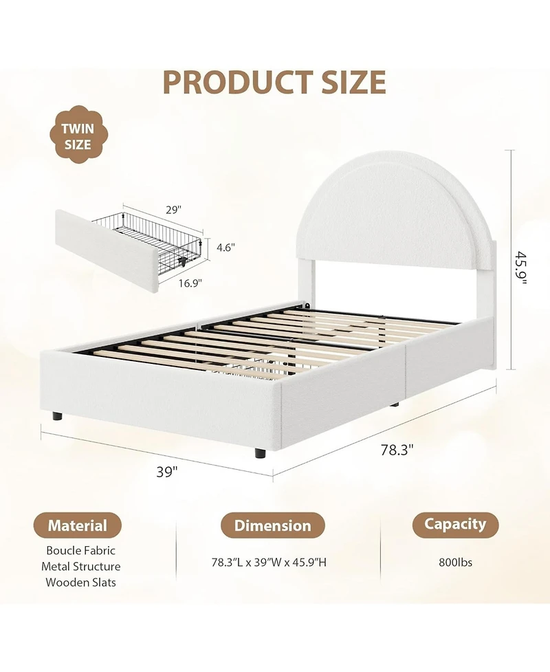 gaomon Twin Bed Frame with Storage Drawers, Upholstered Boucle Platform, Round Headboard, Heavy-Duty, Noise-Free