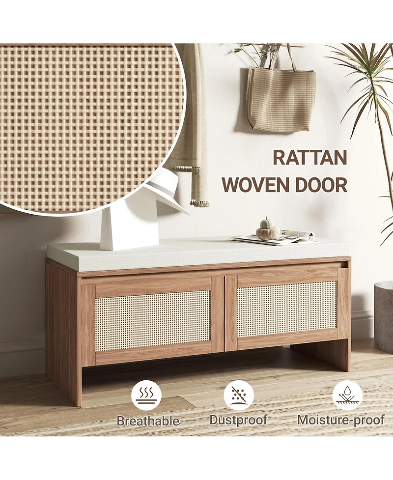 Rainsken Rattan Entryway Bench, Wooden Bench with Storage and Cushion Seating for Bedroom, Hallway