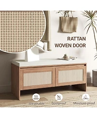 Rainsken Rattan Entryway Bench, Wooden Bench with Storage and Cushion Seating for Bedroom, Hallway