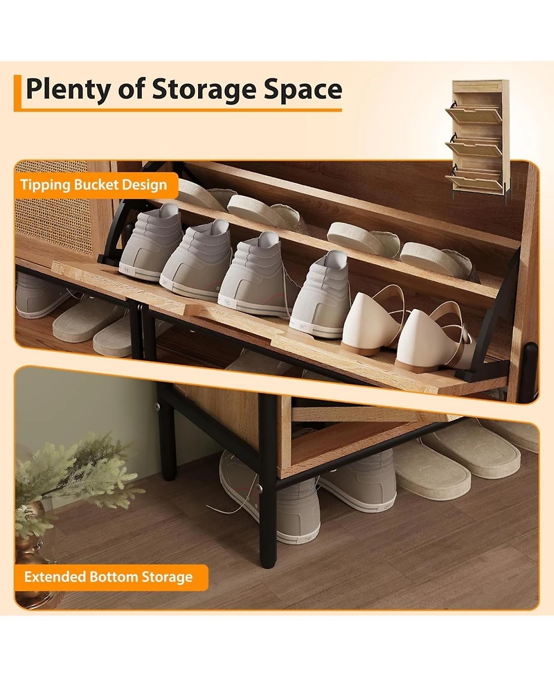 gaomon Rattan Shoe Cabinet with 3 Flip Doors and Drawer Freestanding Shoe Organizer with Adjustable Shelves