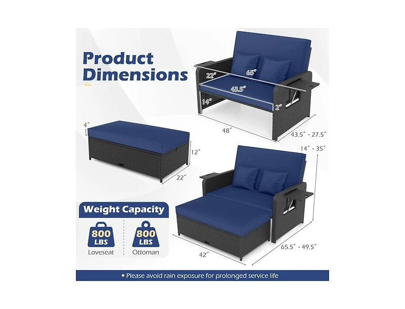 Slickblue Outdoor Wicker Daybed with Adjustable Backrest and Storage Ottoman