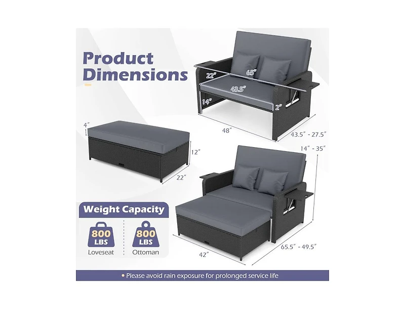 Slickblue Outdoor Wicker Daybed with Adjustable Backrest and Storage Ottoman