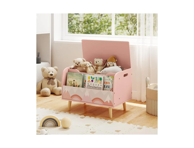 Slickblue Kids Wooden Toy Box with Front Bookshelf and Solid Wood Legs